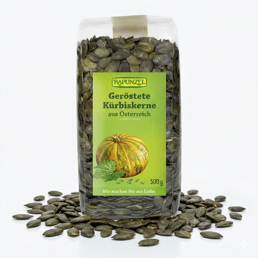 Geröstete Bio Kürbiskerne von Rapunzel in einer Schüssel, ideal zum Kochen, ab 500g, naturbelassen und gesund.