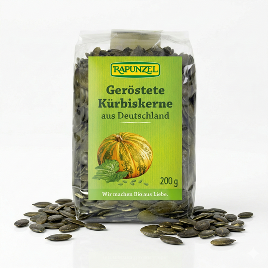 Geröstete Bio-Kürbiskerne von Rapunzel in 200g Packung, ideal zum Kochen und Snacken, mit grünen und braunen Kerne sichtbar