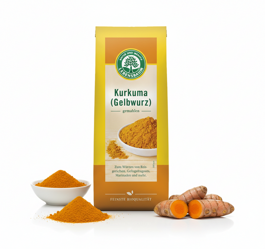 Gemahlenes Bio-Kurkuma von Lebensbaum, Gelbwurzel, in einer Gewürzverpackung, ideal für Currys und Gewürzgerichte.