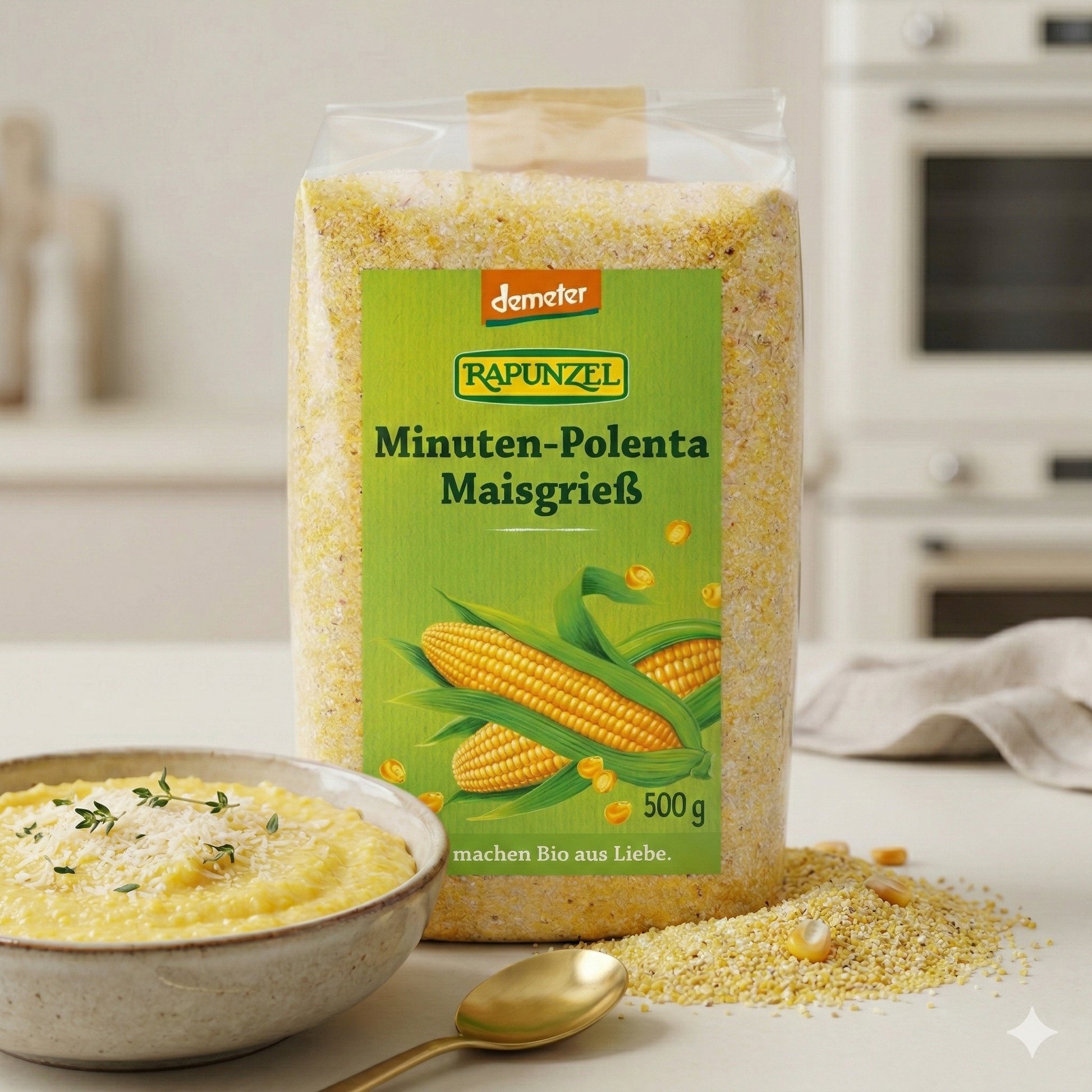 Bio Minuten-Polenta aus Maisgrieß von Rapunzel, Demeter, in einer Schüssel zum Kochen bereit