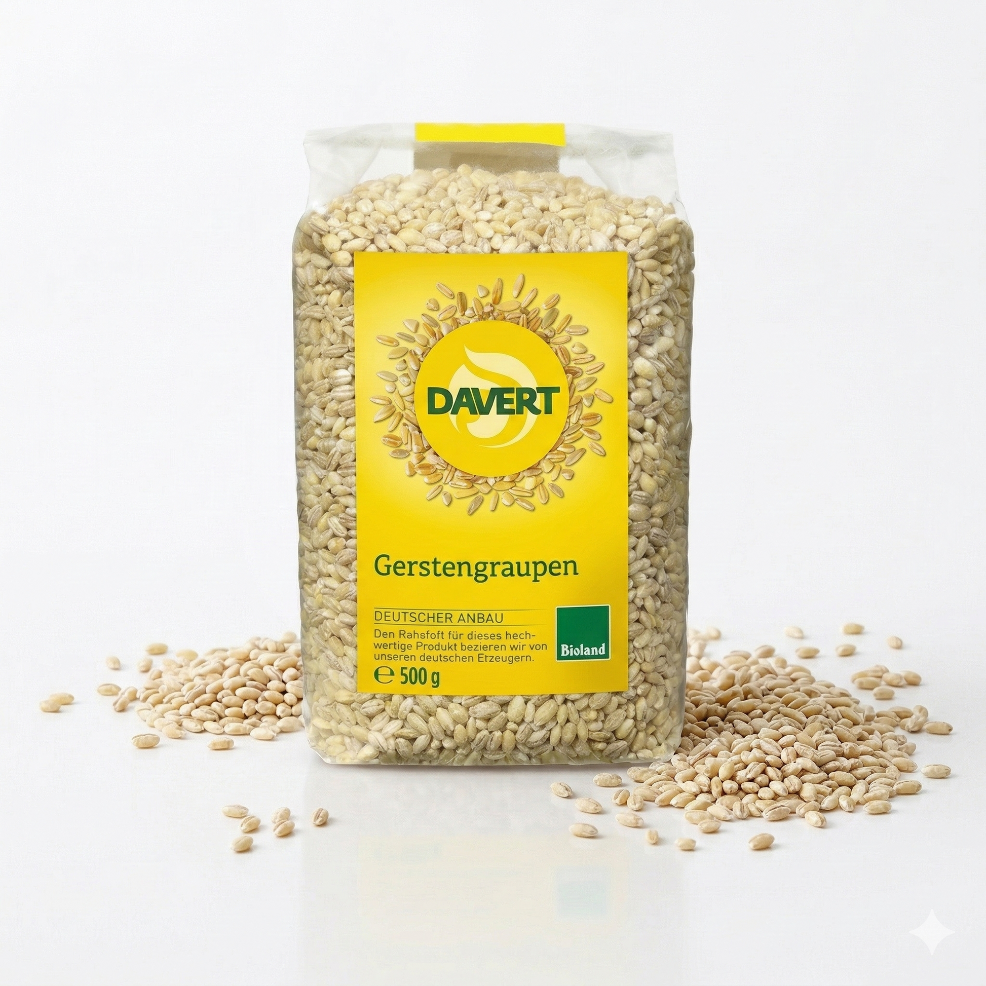 Bioland Gerstengraupen von Davert in 500g-Packung, zum Kochen geeignet, zeigt die getrockneten, braunen Gerstenkörner in einer Schüssel.