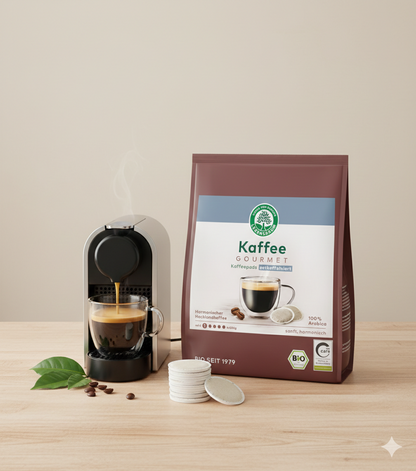 Lebensbaum Bio Gourmet Caffè Crema entkoffeiniert, Frühstückspads, in Packung mit 126 g, Kaffee für den Kaffeevollautomaten