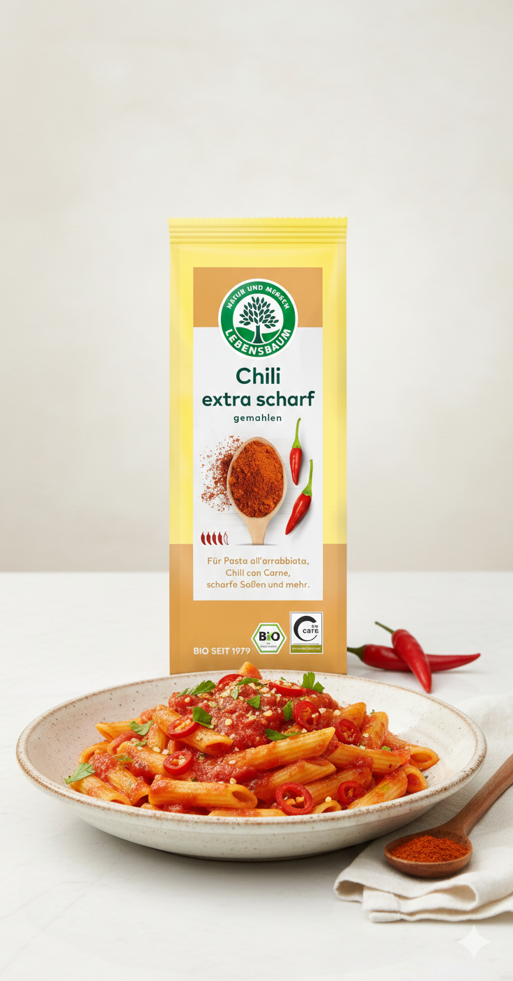 Gemahlene Bio Chili von Lebensbaum, extra scharf, ideal zum Kochen, in einer 50g Verpackung auf einem Küchenhintergrund.