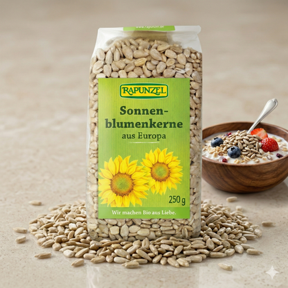 Bio Sonnenblumenkerne von Rapunzel in einer Schüssel, ideal zum Kochen, ab 500g, naturbelassen, knusprige Sonnenblumenkerne