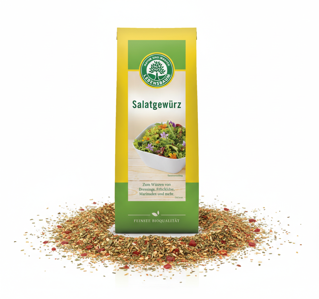 Lebensbaum Bio Salatgewürz in 3x 40g, frische Kräuter und Gewürze für Salate, in einer transparenten Gewürzdose.
