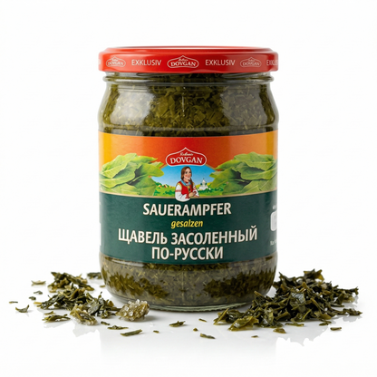 DOVGAN Sauerampfer gesalzen im 480g Glas, frischer Kochen-Zutaten, grüne Blätter und Salz, für kulinarische Gerichte