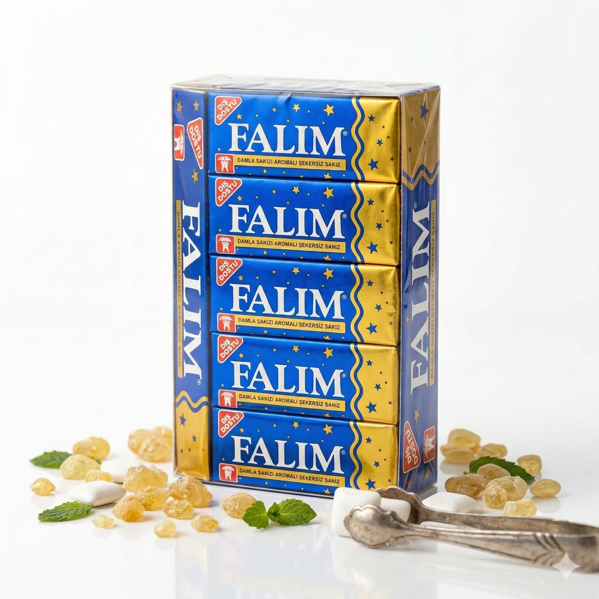 Falim Damla Sakiz zuckerfreier Kaugummi, 2 Packungen mit je 20 Stück, Snacks mit frischem Geschmack, in geöffnetem Packungsdesign