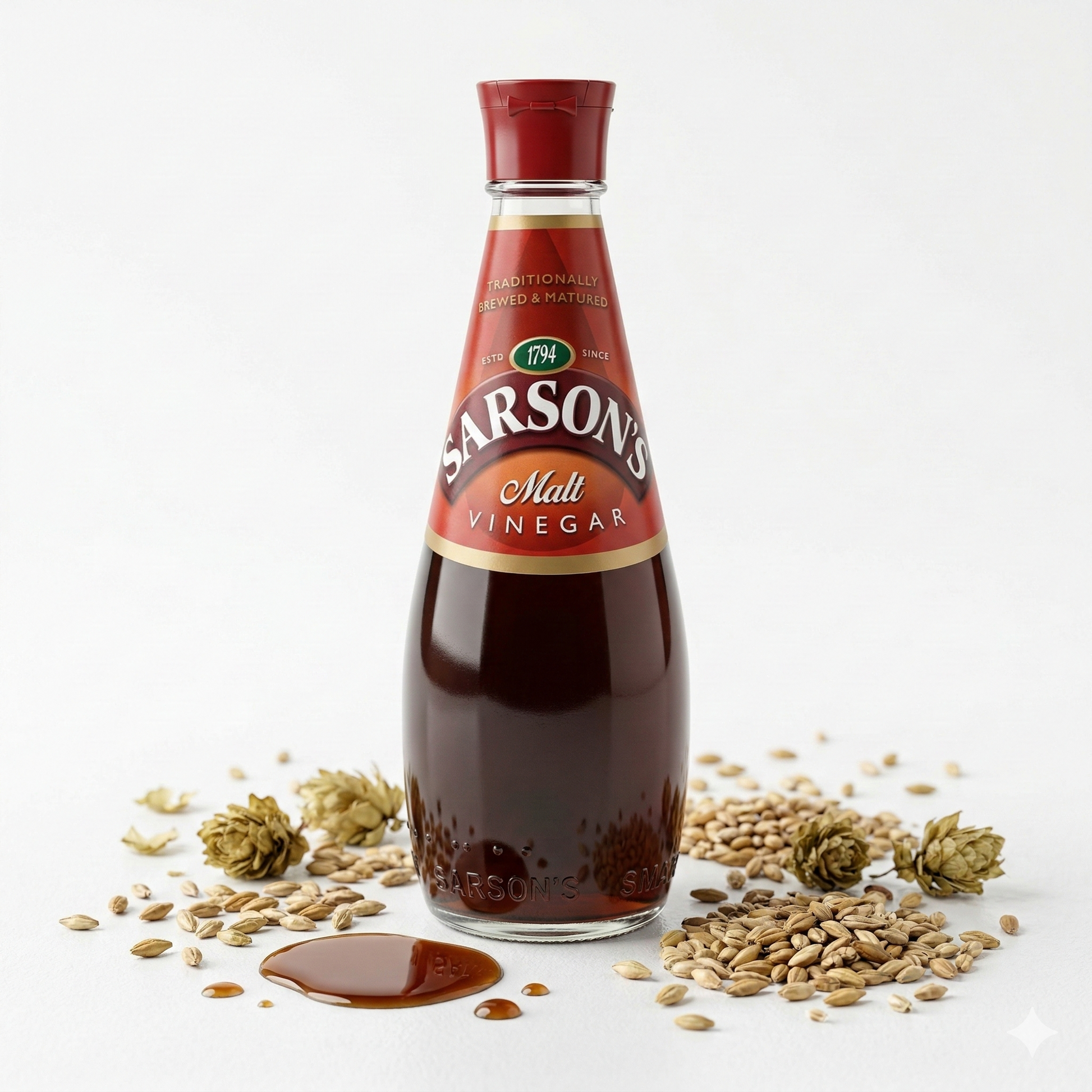 Sarson Original-Maltessig in 250ml Flasche, ideal zum Kochen, mit goldenem, klaren Essig in einer Küche.