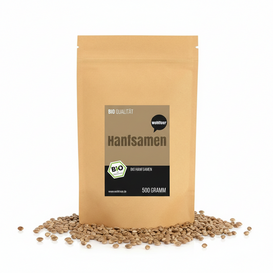 Ungeschälte Bio Hanfsamen von Wohltuer, Superfood, 1000g, in einer transparenten Schüssel auf weißem Hintergrund.