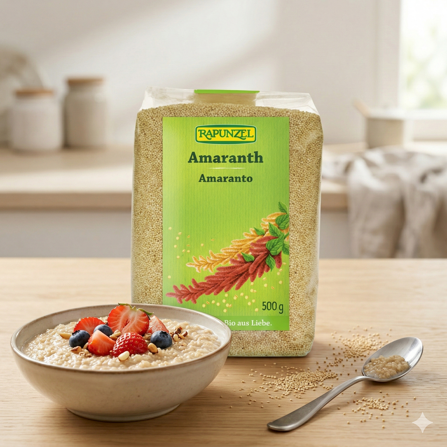 Bio Amaranth Samen von Rapunzel, für Kochen, innerhalb einer Schüssel mit Amaranth Körnern auf weißem Hintergrund