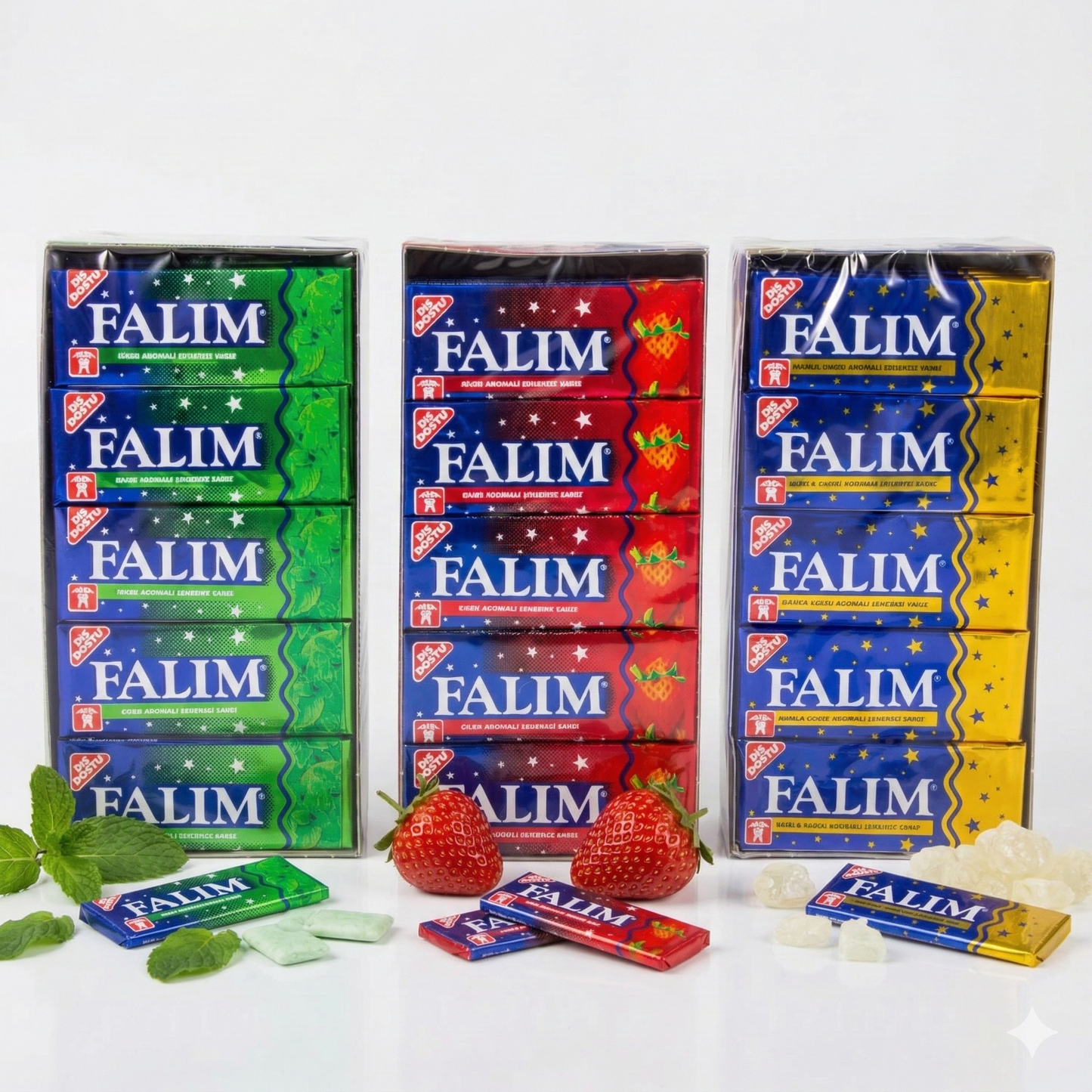 Falim Damla Sakiz Kaugummi mit Minzaroma und Erdbeer-Sakiz, zuckerfrei, in einer bunten Verpackung, Snacks für frischen Geschmack
