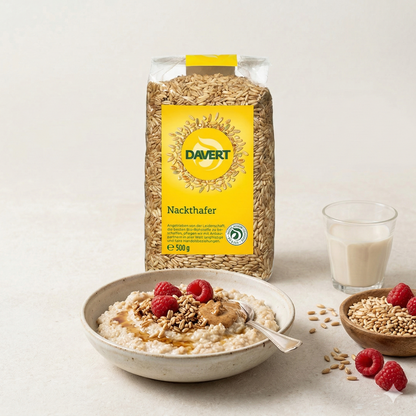 Bio Nackthafer von Davert in 500g Packung, für gesunde Kochrezepte, sichtbar in der Verpackung.