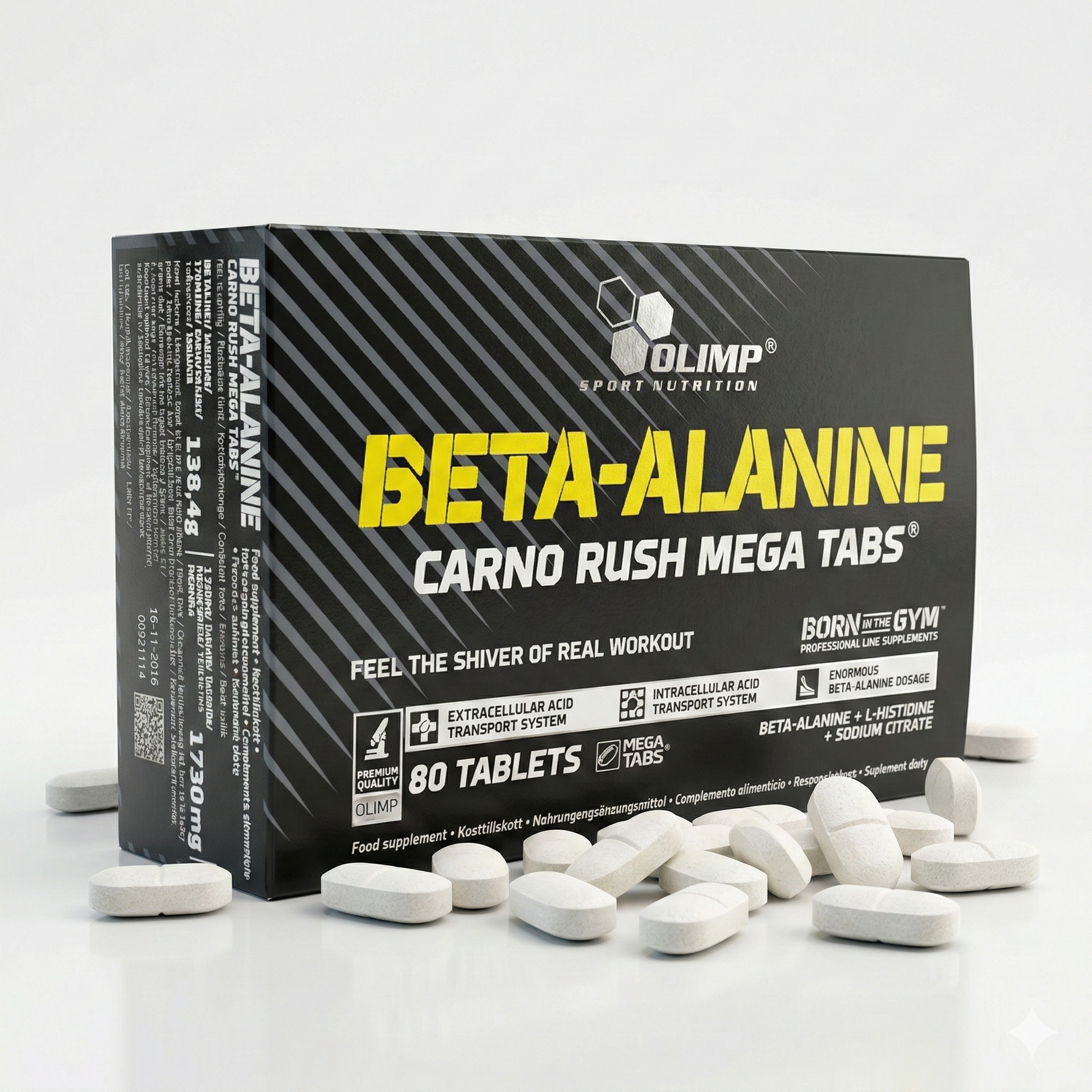 Olimp Beta-Alanin Carno Rush Tabletten, Amino-Kapseln zur Steigerung der Leistungsfähigkeit, in einer offenen Packung.