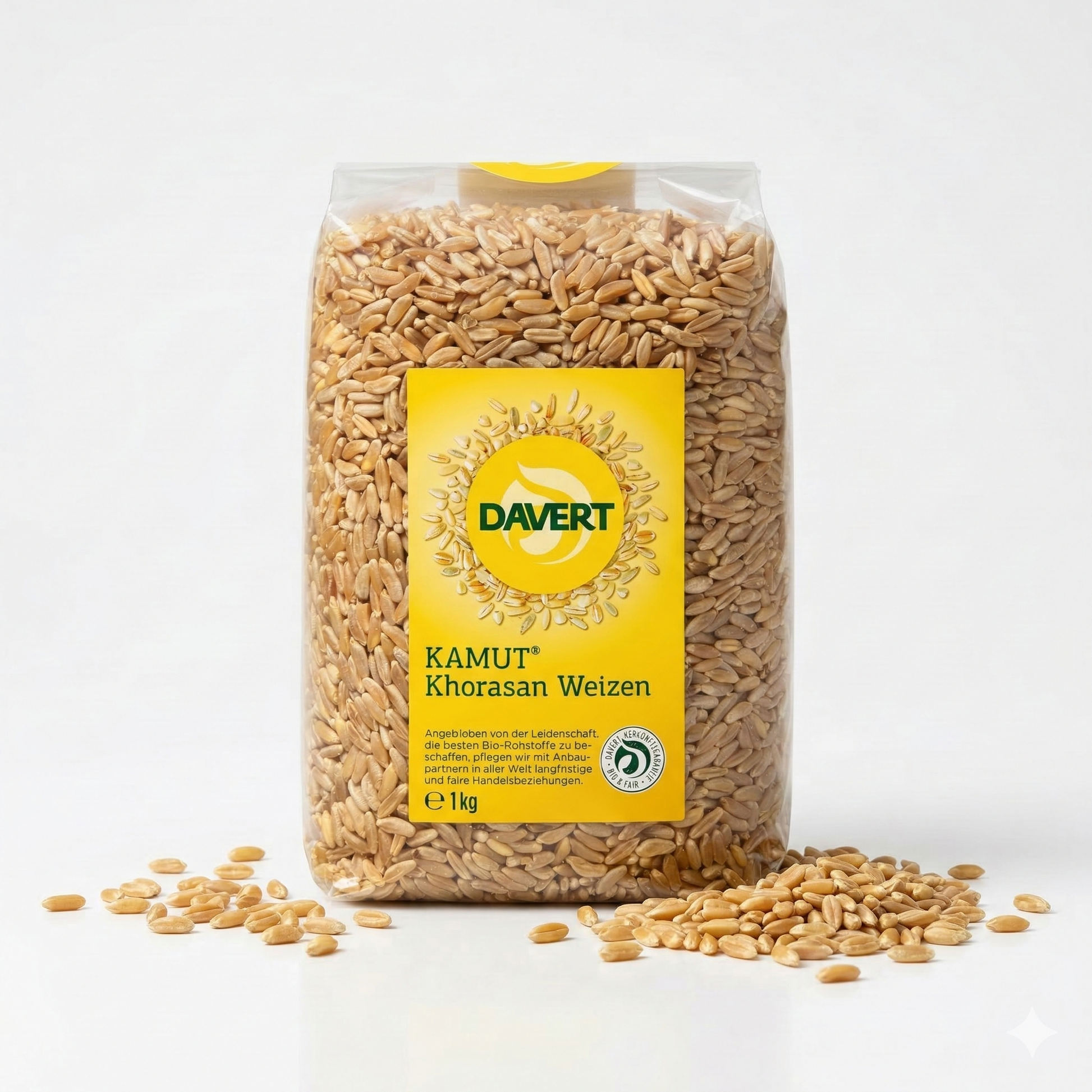 Bio Kamut von Davert, 1 kg, perfekt zum Kochen, zeigt die goldenen Kamutkörner in einer transparenten Schüssel.