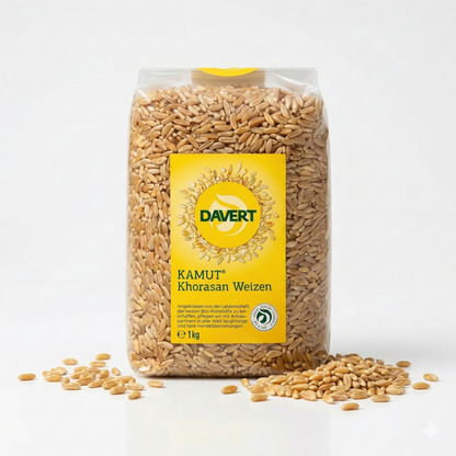 Bio Kamut von Davert, 1 kg, perfekt zum Kochen, zeigt die goldenen Kamutkörner in einer transparenten Schüssel.