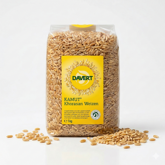 Bio Kamut von Davert, 1 kg, perfekt zum Kochen, zeigt die goldenen Kamutkörner in einer transparenten Schüssel.
