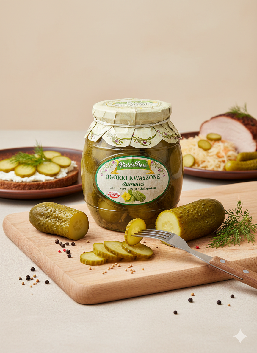 Eingelegte WaldiBen Faßsalzgurken in einem Glas, von Waldiben, mit sichtbaren Gurken und Salzlake, zum Kochen geeignet