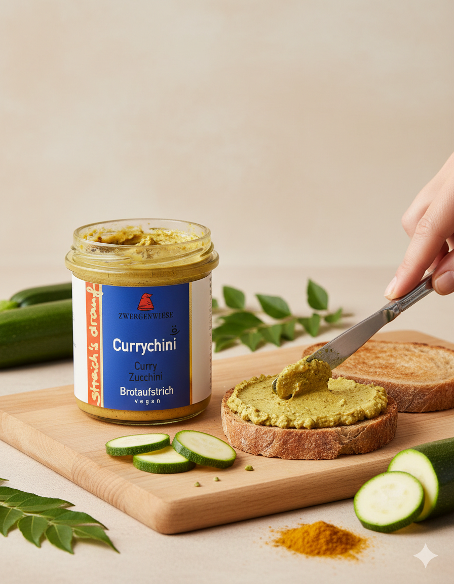 Zwergenwiese Bio Aufstrich streichs drauf Currychini (Curry-Zucchini) laktosefrei, 160 g - fit and life shop
