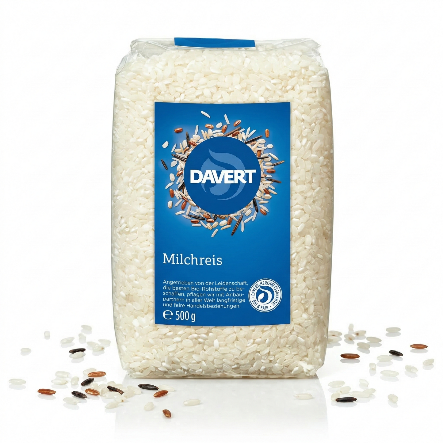 Bio Milchreis von Davert in einer Schüssel, ideal zum Kochen, mit cremiger Textur und Verpackung ab 500 g.
