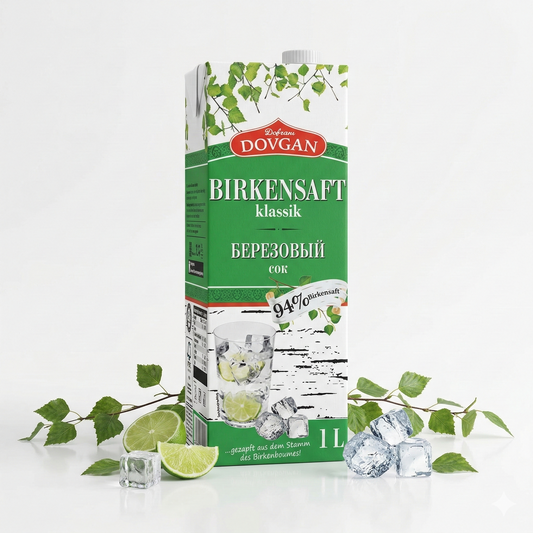 DOVGAN Birkensaft Klassik in 1-Liter-Flasche, reiner Birkensaft, naturbelassenes Getränk, Dovgan Marke, Flasche auf weißem Hintergrund