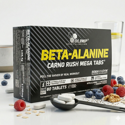 Olimp Beta-Alanin Carno Rush Amino-Kapseln in Tablettenform, zeigt die Packung mit 80 Tabletten, für sportliche Leistung und Ausdauer