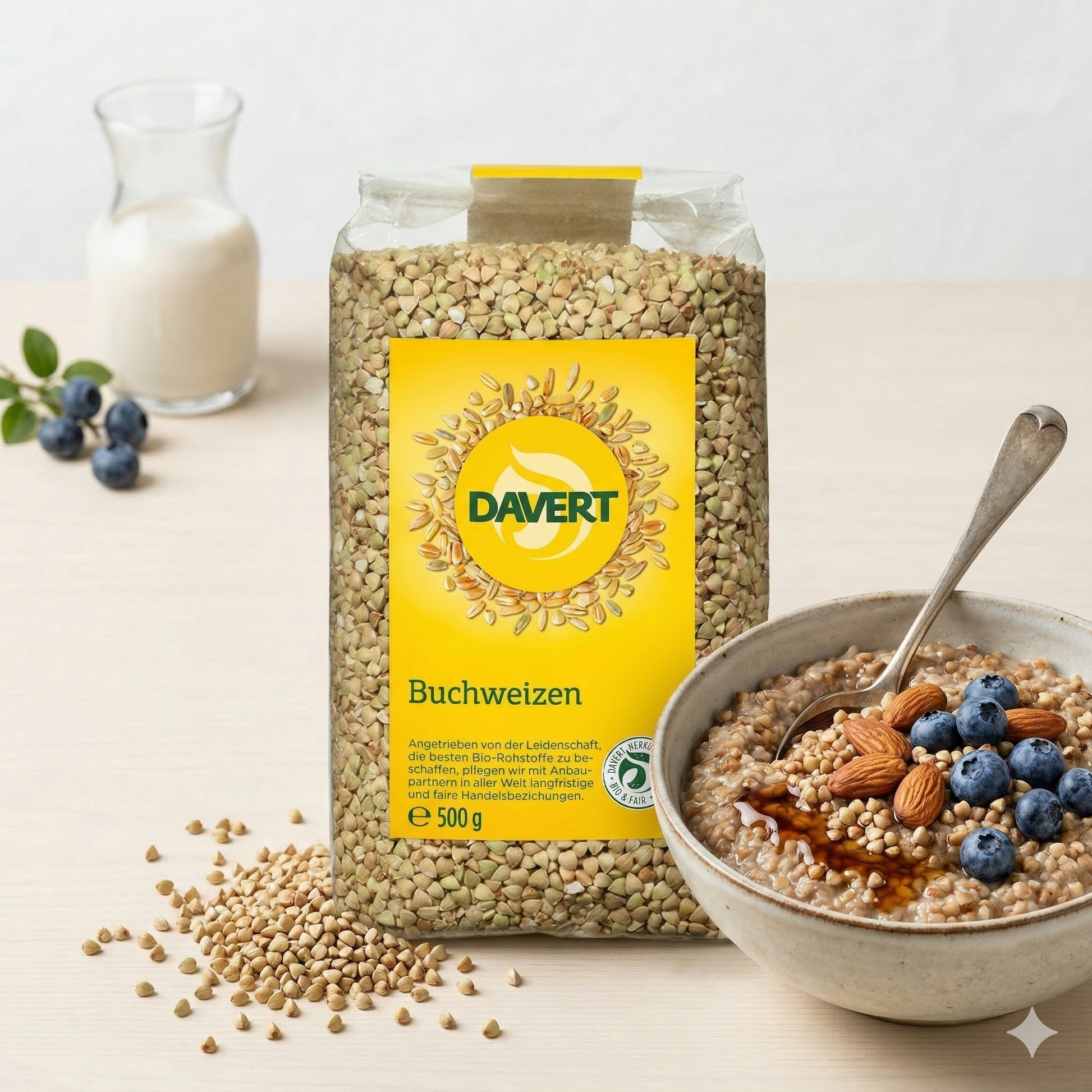 Bio Buchweizen von Davert in 1kg-Packung, zum Kochen geeignet, zeigt die ungekochten, getrockneten Buchweizenkörner.