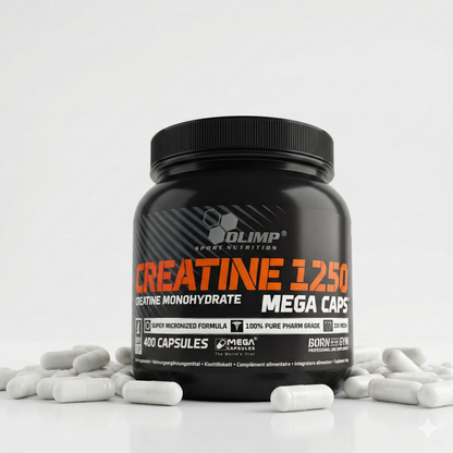 Olimp Creatine Mega Caps, 400 Kapseln, weiße Kapseln in einer offenen Packung, sportliche Ernährung, Nahrungsergänzung