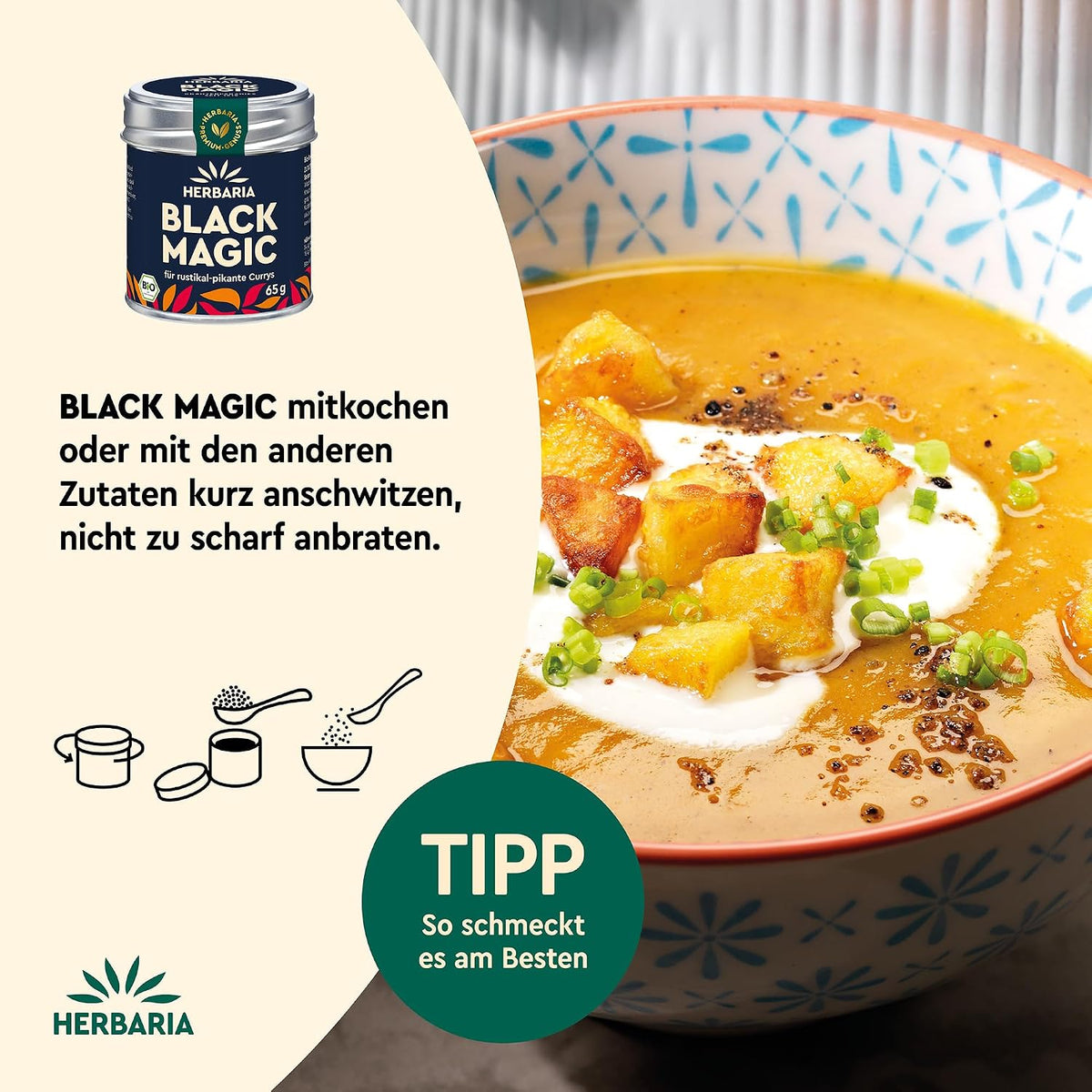 Schale mit cremigem Currygericht, garniert mit gebratenen Kartoffelwürfeln und Kräutern, daneben Herbaria Black Magic Curry Gewürzmischung.