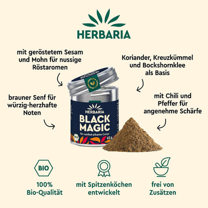 Geöffnete Herbaria Black Magic Curry Gewürzdose neben einem Haufen der Gewürzmischung, umgeben von Zutaten-Illustrationen und Produktinfos.