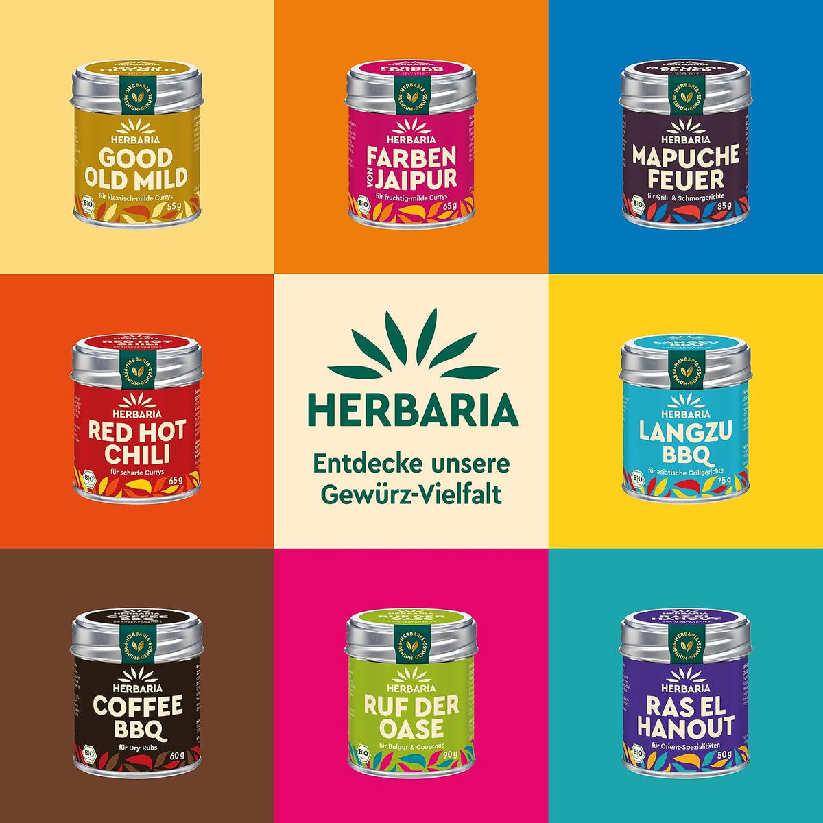 Neun verschiedene Herbaria Gewürzdosen, darunter Black Magic Curry, auf buntem Hintergrund als Übersicht der Gewürzvielfalt.