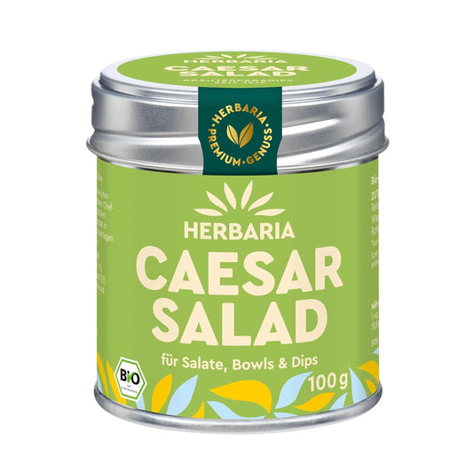 Herbaria Caesar Salad Gewürzmischung in grüner 100g Dose mit silbernem Deckel, Vorderseite mit Produktname und Bio-Siegel.