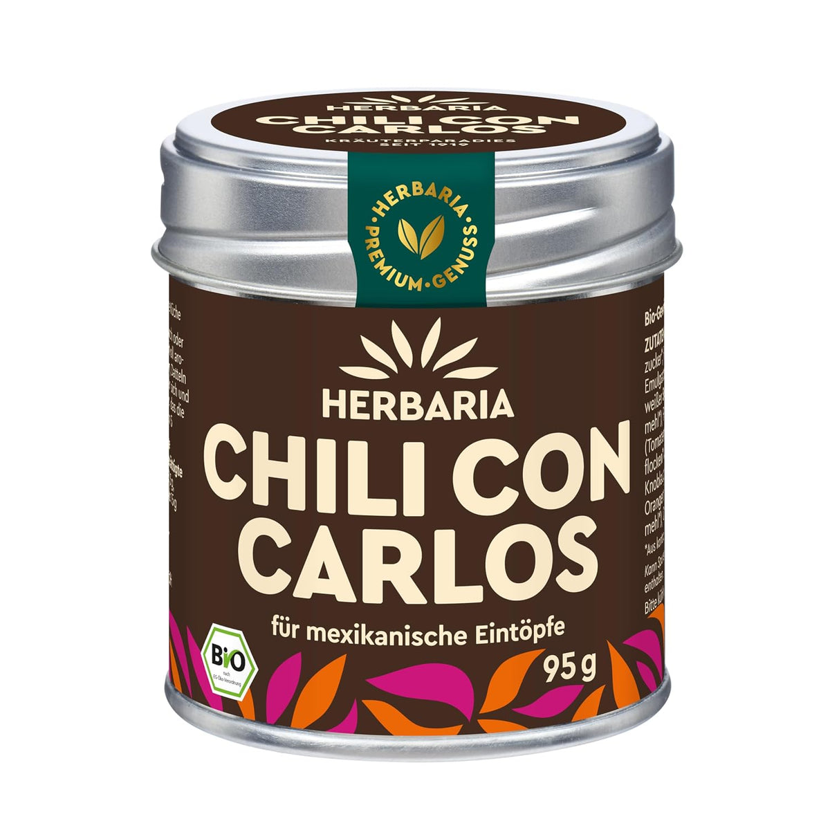 Herbaria Chili con Carlos Gewürzdose mit braunem Etikett und 95g Inhalt, vorne zentriert abgebildet.
