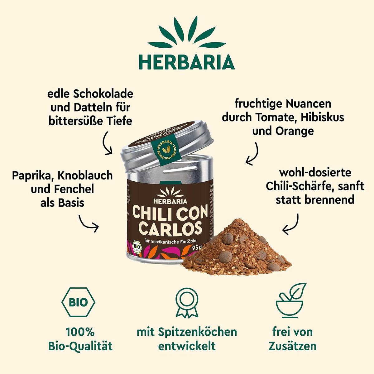 Herbaria Chili con Carlos Dose geöffnet, daneben ein Haufen der Gewürzmischung, umgeben von Zutaten- und Qualitätsangaben.