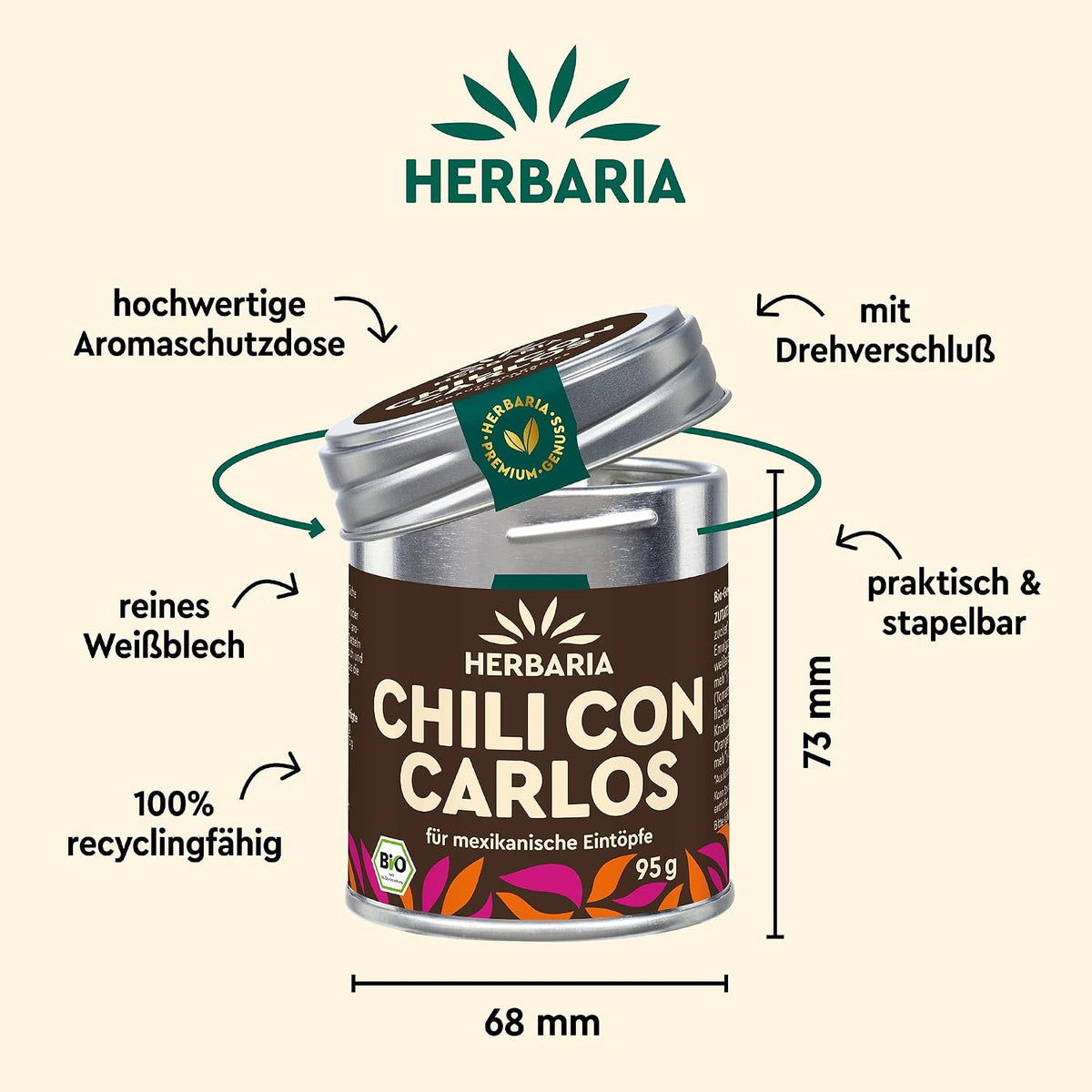 Herbaria Chili con Carlos Dose mit geöffnetem Deckel, Maßangaben und Hinweisen zu Material und Funktion der Dose.