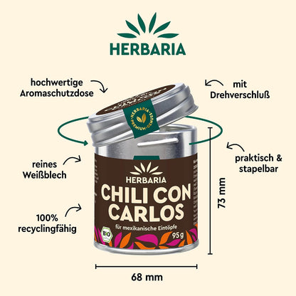 Herbaria Chili con Carlos Dose mit geöffnetem Deckel, Maßangaben und Hinweisen zu Material und Funktion der Dose.