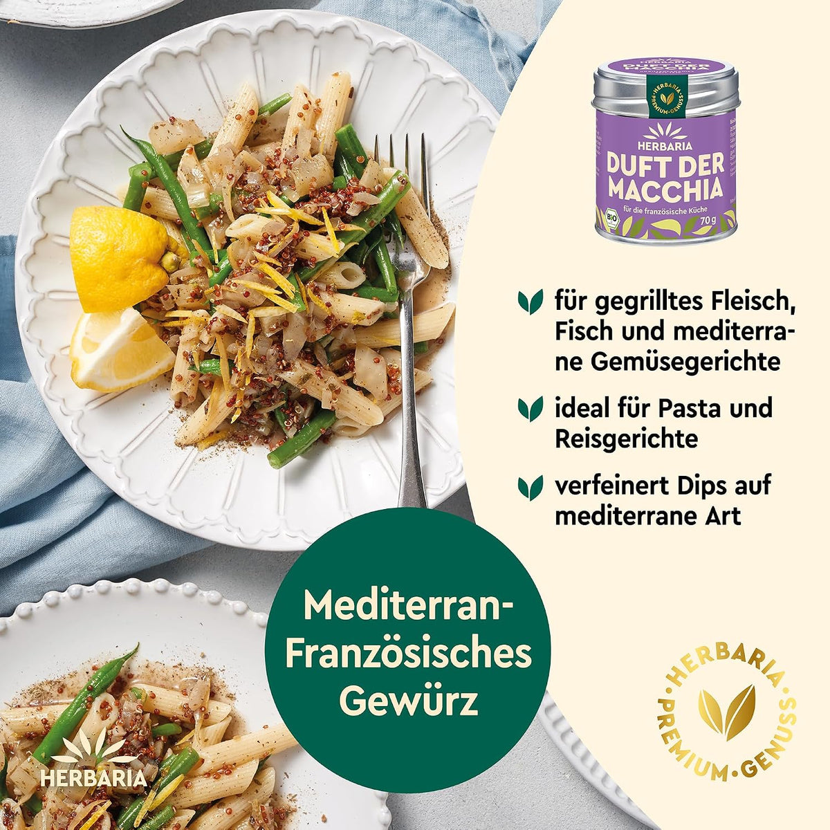 Herbaria Duft der Macchia Dose neben einem Teller Pasta mit grünen Bohnen und Zitronenspalten, Text zu Verwendungsmöglichkeiten des Gewürzes.