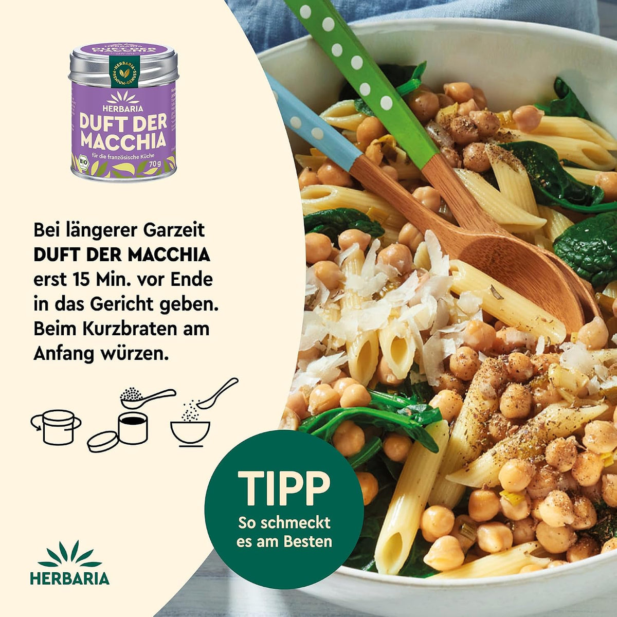 Herbaria Duft der Macchia Gewürzdose neben einer Schüssel Pasta mit Kichererbsen und Spinat, Zubereitungstipp im Textfeld.