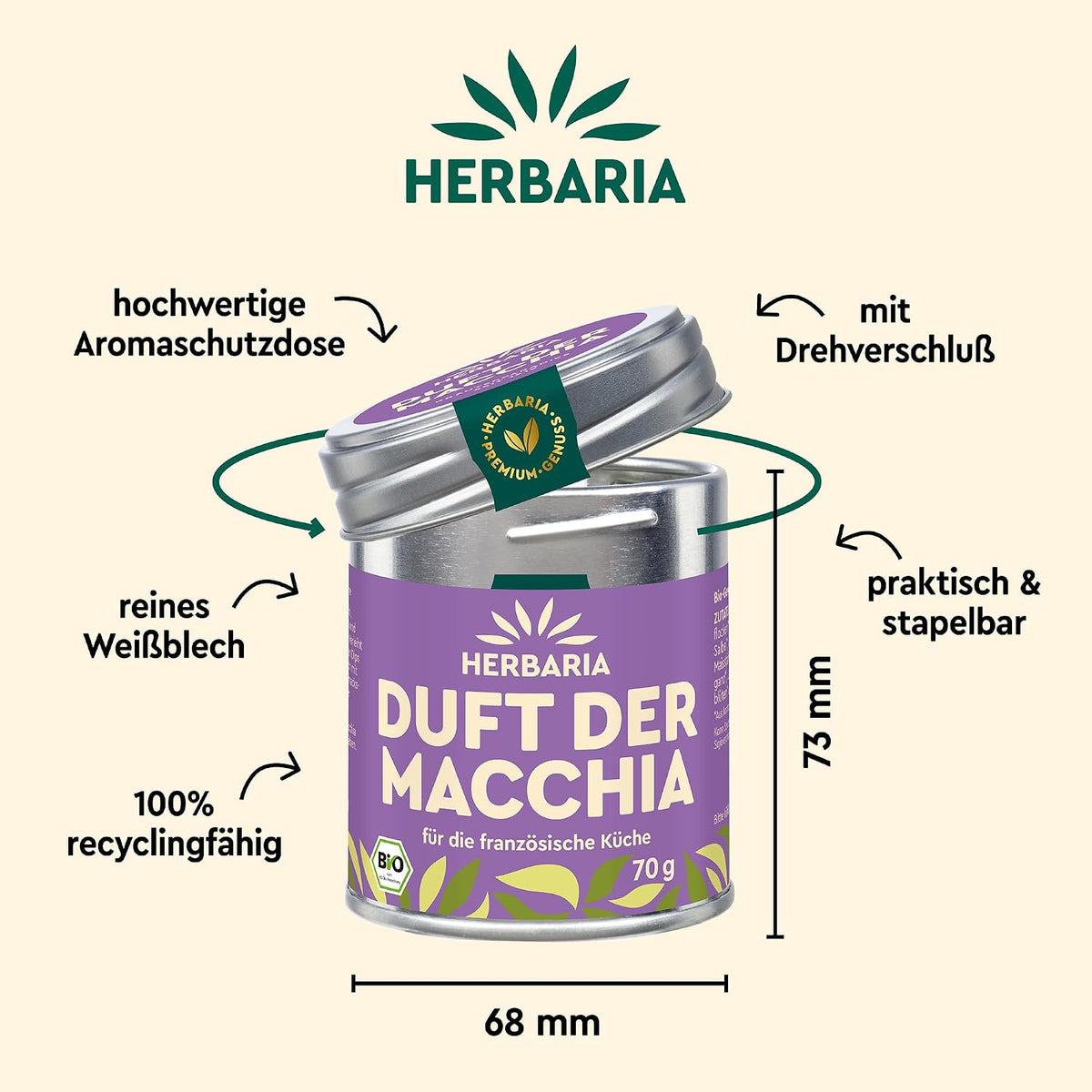Herbaria Duft der Macchia Dose mit Maßangaben, Pfeilen und Text zu Material, Drehverschluss und Recyclingfähigkeit der Dose.