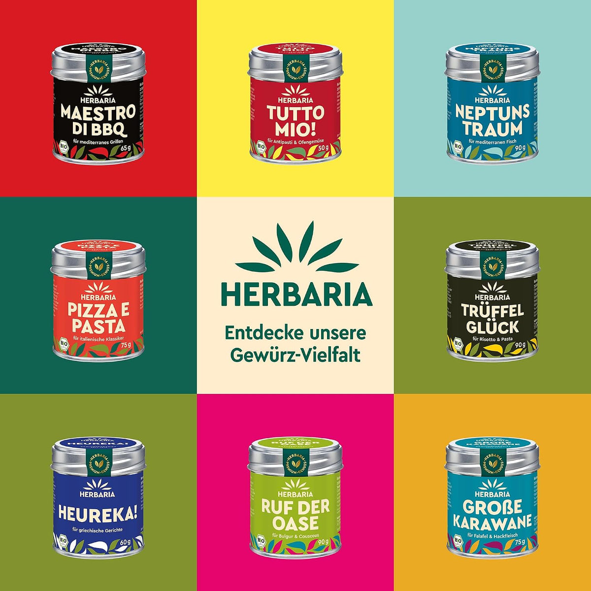 Verschiedene Herbaria Gewürzdosen, darunter Duft der Macchia, auf buntem Hintergrund, mittig das Herbaria Logo.
