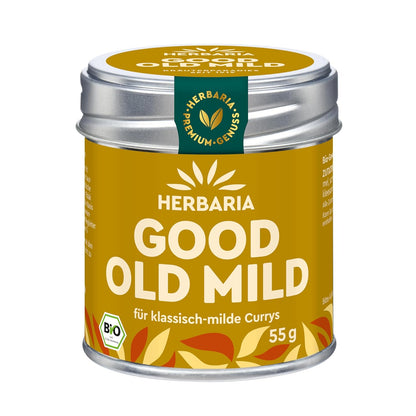Herbaria Good Old Mild Curry Dose mit gelbem Etikett und silbernem Deckel, Vorderseite mit Produktname und Bio-Siegel sichtbar.