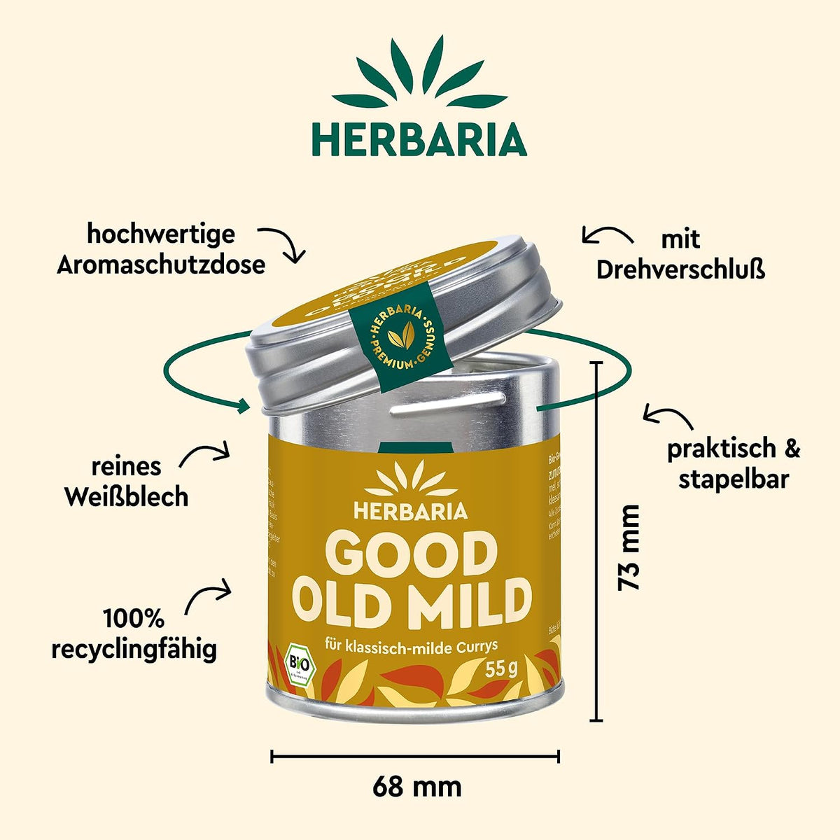 Herbaria Good Old Mild Curry Dose mit geöffnetem Deckel, daneben Maßangaben und Hinweise zu Material und Recyclingfähigkeit.
