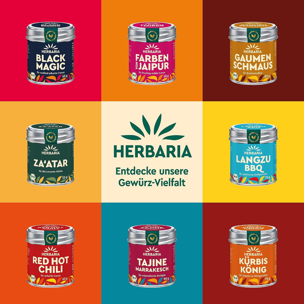Neun verschiedene Herbaria Gewürzdosen, darunter Good Old Mild Curry, auf farbigem Hintergrund in einem Raster angeordnet.
