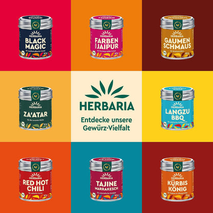 Neun verschiedene Herbaria Gewürzdosen, darunter Good Old Mild Curry, auf farbigem Hintergrund in einem Raster angeordnet.