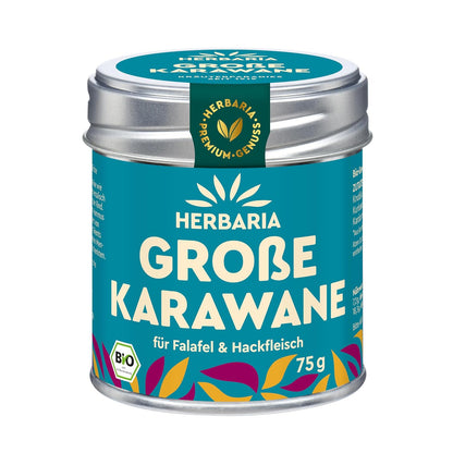 Herbaria Große Karawane Gewürzmischung in einer blauen Aromaschutzdose mit silbernem Deckel, 75g, für Falafel und Hackfleisch.