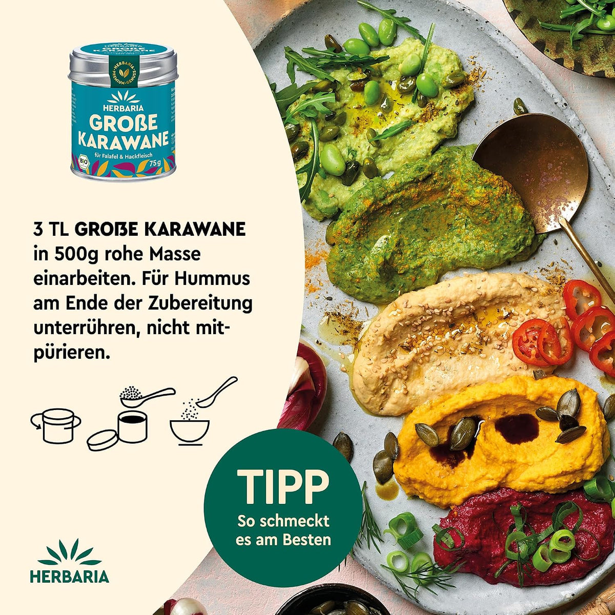Verschiedene Hummus-Varianten auf einem Teller, daneben Herbaria Große Karawane Gewürzmischung und Dosierungshinweis für Falafel und Hummus.
