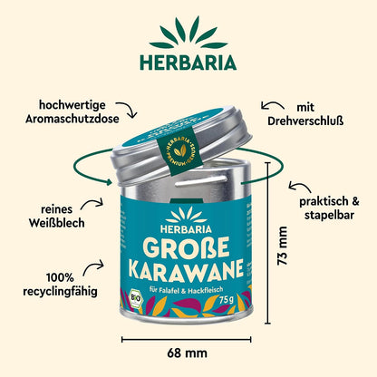 Herbaria Große Karawane Gewürzmischung in einer Dose mit Maßen, Recyclinghinweisen und Informationen zu Material und Drehverschluss.
