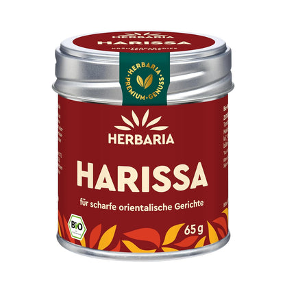Herbaria Harissa Gewürzdose mit rotem Etikett und silbernem Deckel, 65g, frontal abgebildet.