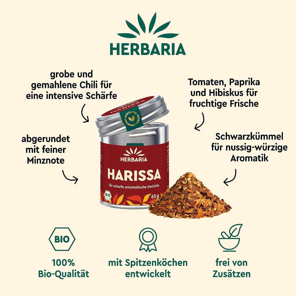 Herbaria Harissa Dose mit geöffneter Kappe, daneben lose Harissa Gewürzmischung, umgeben von Zutaten- und Qualitätsinfos.