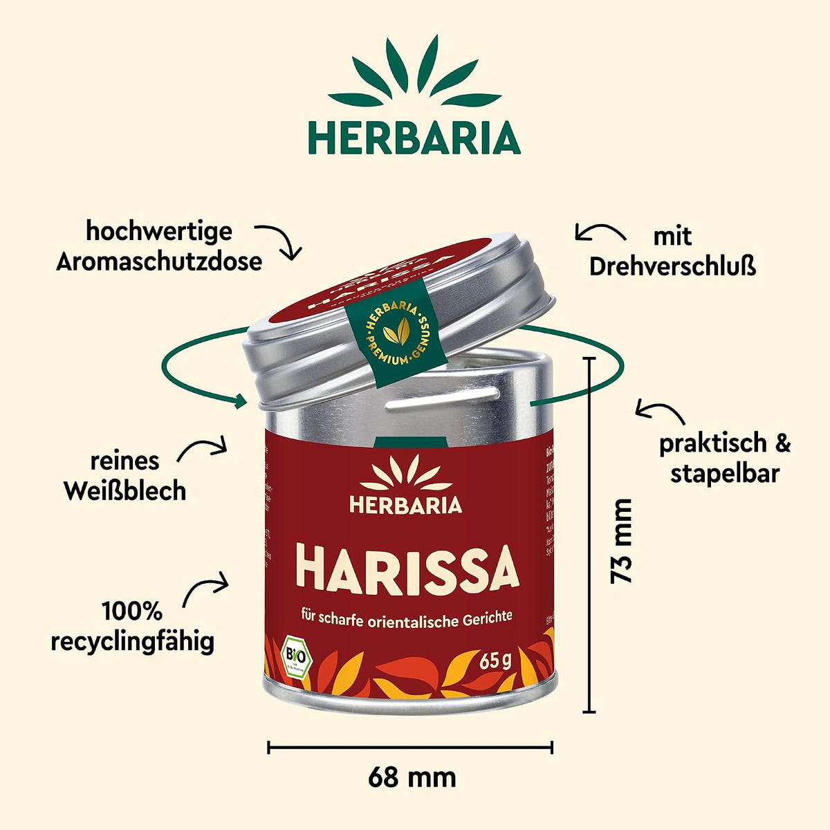 Herbaria Harissa Dose mit geöffnetem Deckel, Maßangaben und Hinweisen zu Material und Recyclingfähigkeit auf hellem Hintergrund.