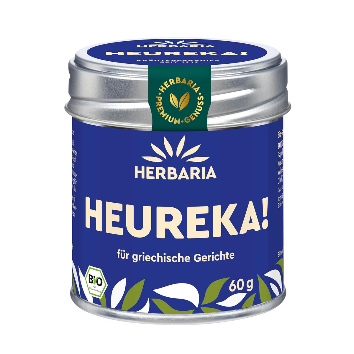 Herbaria Heureka Dose mit blauem Etikett und Bio-Siegel, 60g, für griechische Küche, frontal fotografiert.